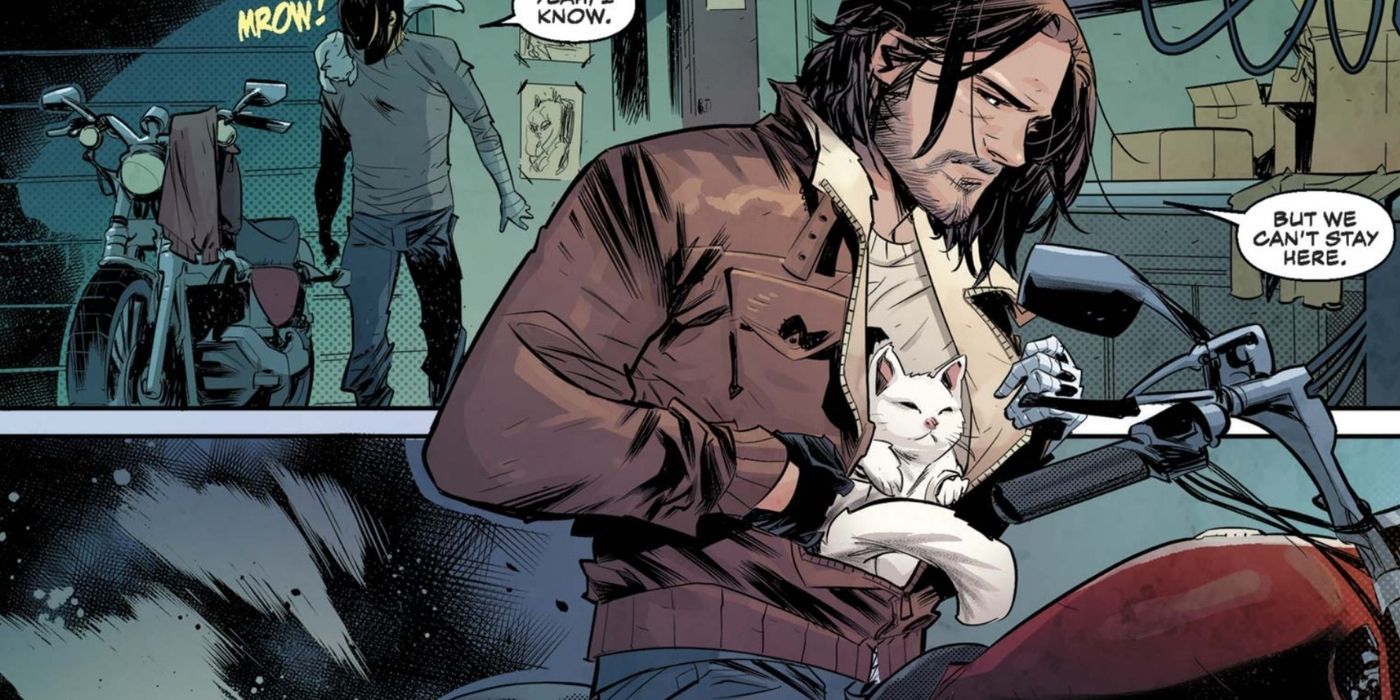 Bucky Barnes the Winter Soldier on a motorcycle with his cat Alpine