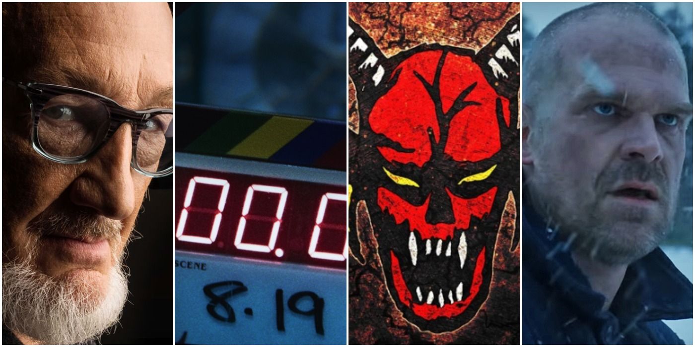 a photo collage of four images: robert englund, a filming slate, the hellfire club logo, and david harbour as jim hopper