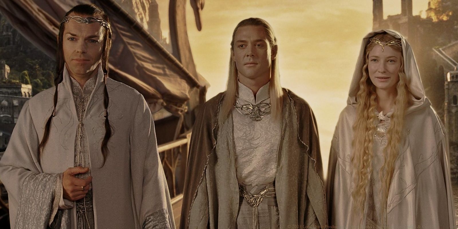 Elrond, Celeborn and Galadriel prepare to leave Middle-earth, in The Return of the King