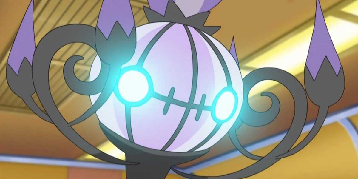 Chandelure with glowing eyes in the Pokémon anime.