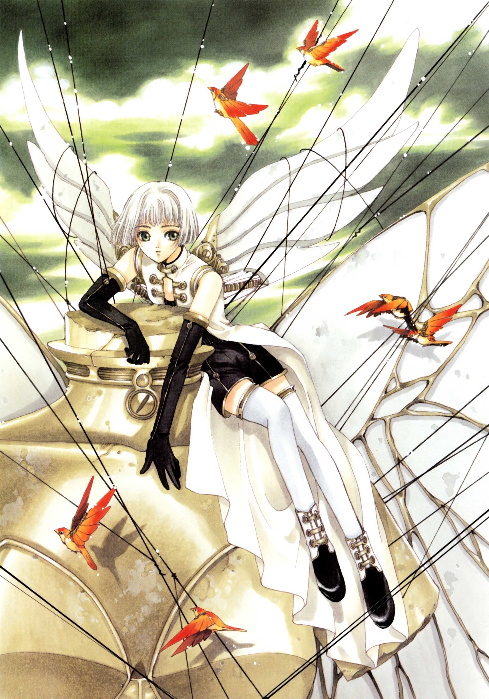 Suu Relaxes With Wings and Birds In Clover Illustration By Clamp
