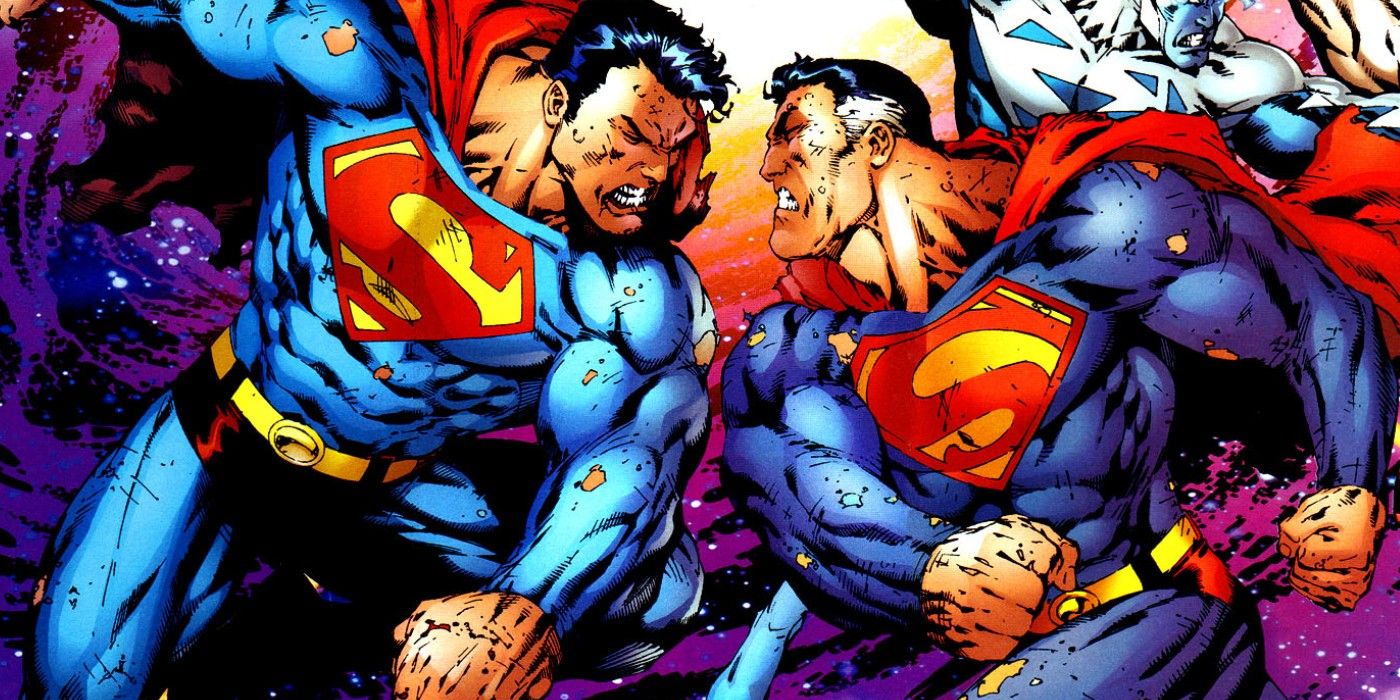 Two versions of Superman fighting each other