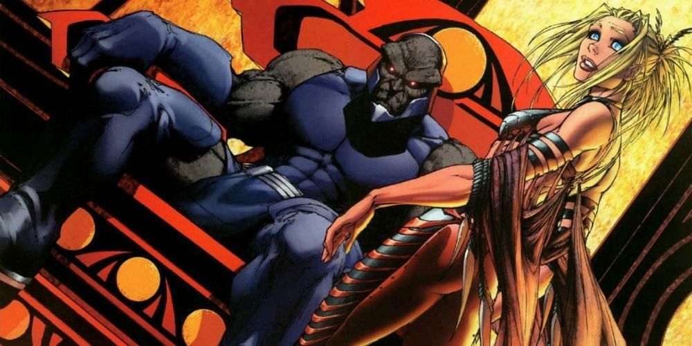 Darkseid sits on his throne while Supergirl accompanies him