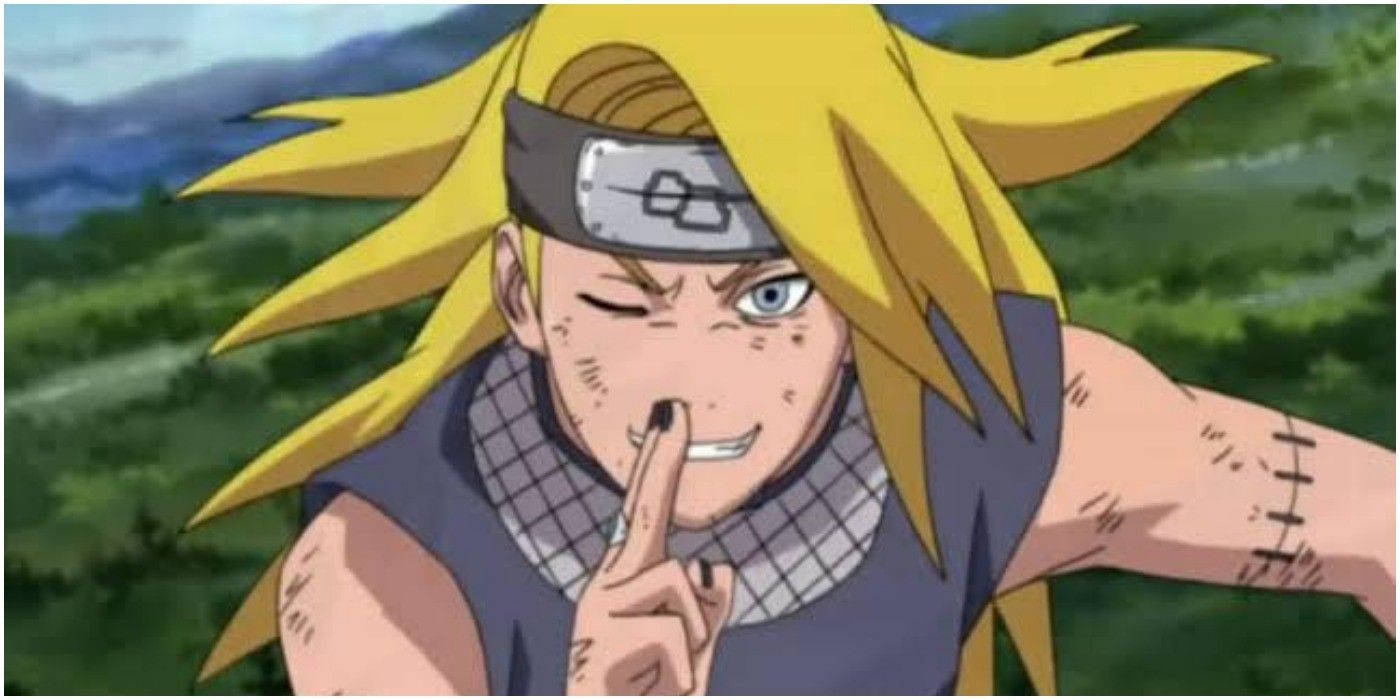 Deidara smiling while battling Sasuke in Naruto.