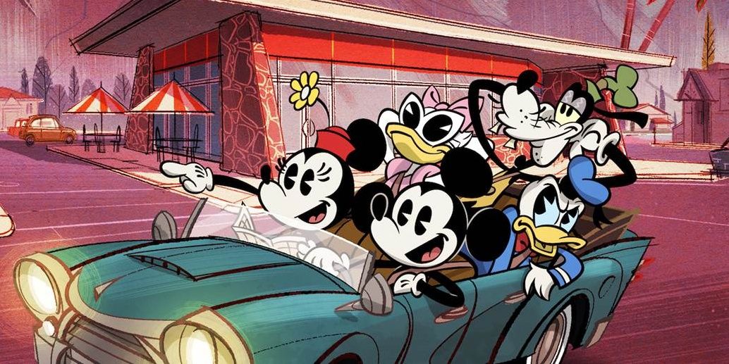 disney mickey mouse driving with minnie donald daisy and goofy