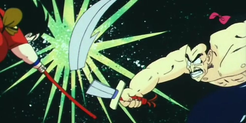 Goku quebra a espada do Mercenary Tao com seu Power Pole em Dragon Ball.