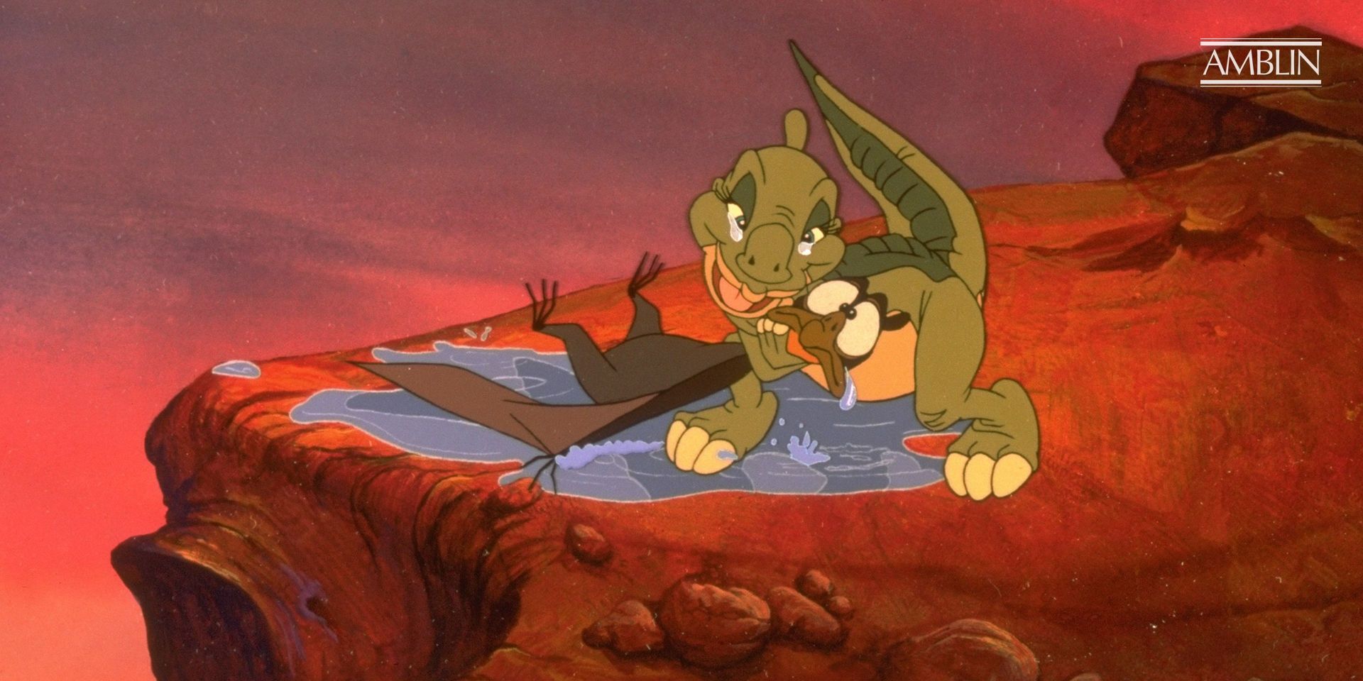 Ducky hugging Petrie in The Land Before Time
