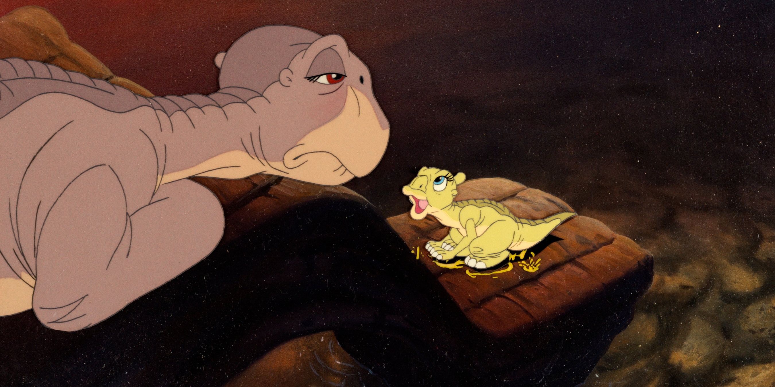 Ducky talking to a sad Littlefoot on the Land ahead of time.