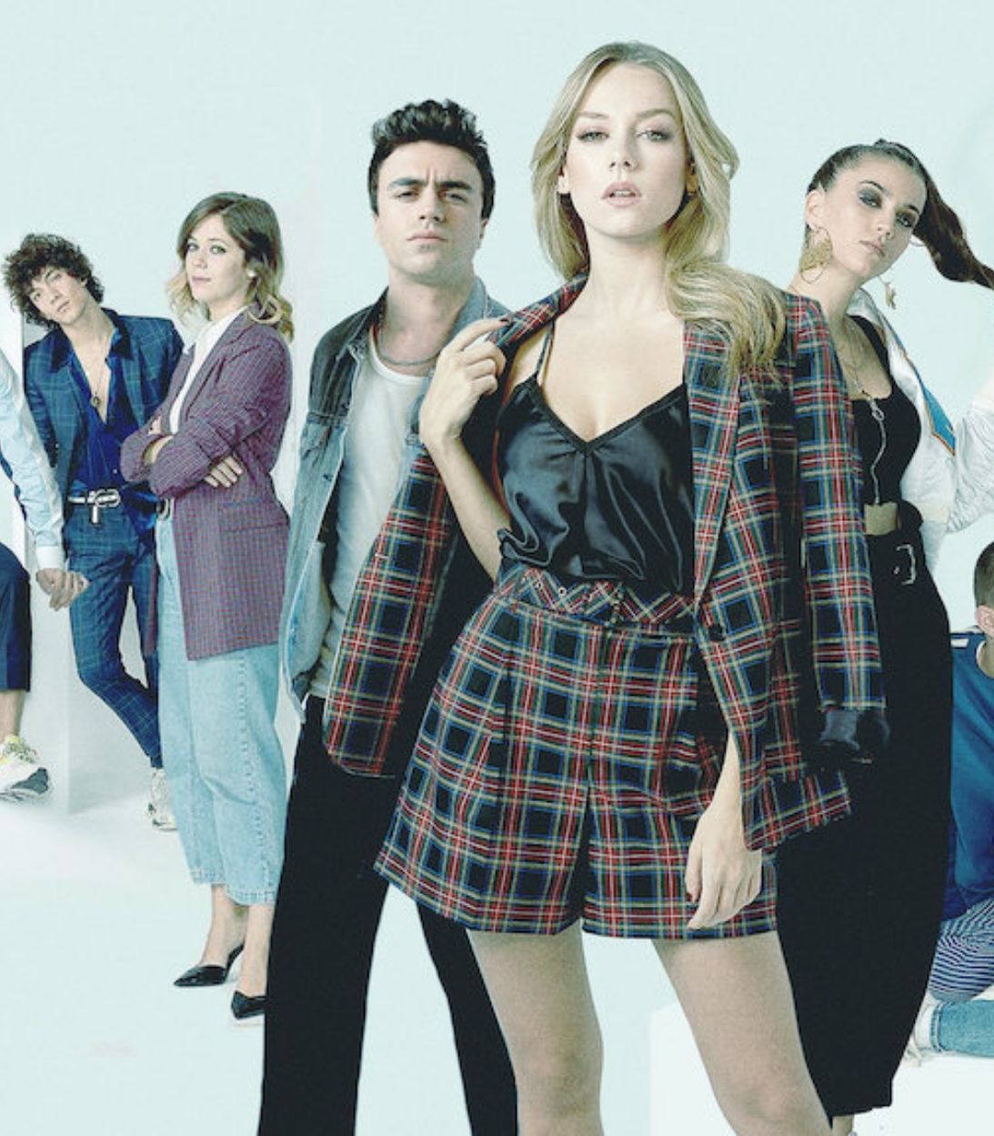 The cast of Elite stand together in a promo image