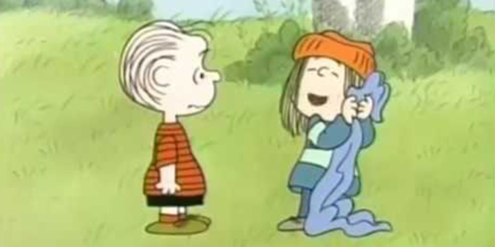 Eudora hugs Linus' blanket