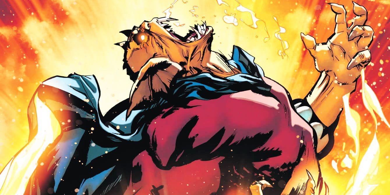 Etrigan the Demon roaring in flames during the Future State Justice League story in DC Comics