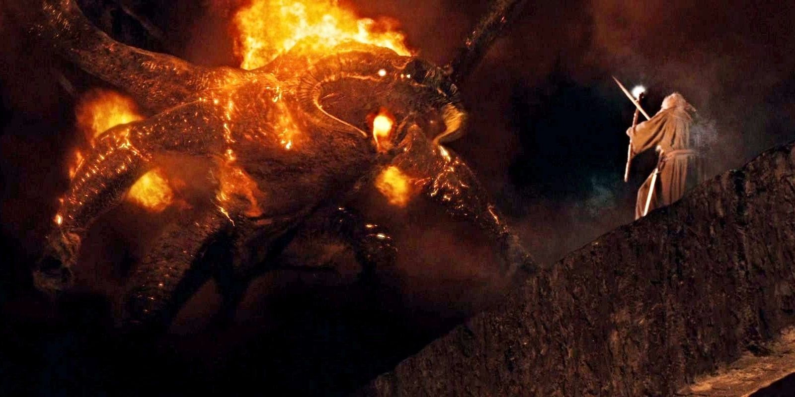 Gandalf and a Balrog battle in The Lord of the Rings