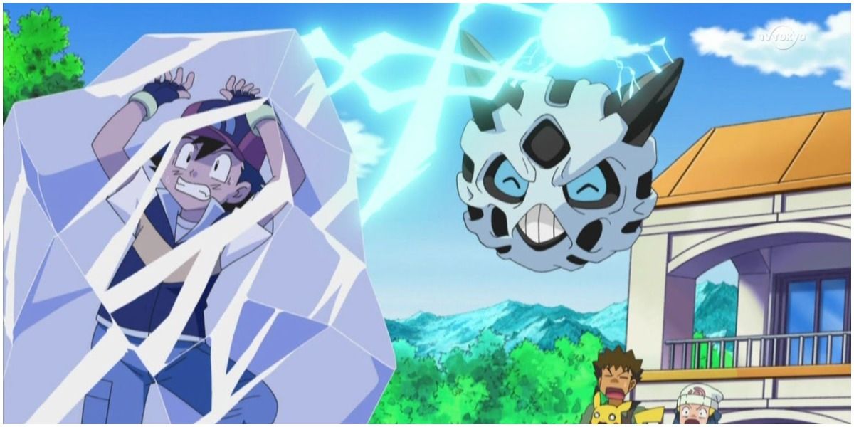 Ash Ketchum getting hit by Glalie's ice beam attack