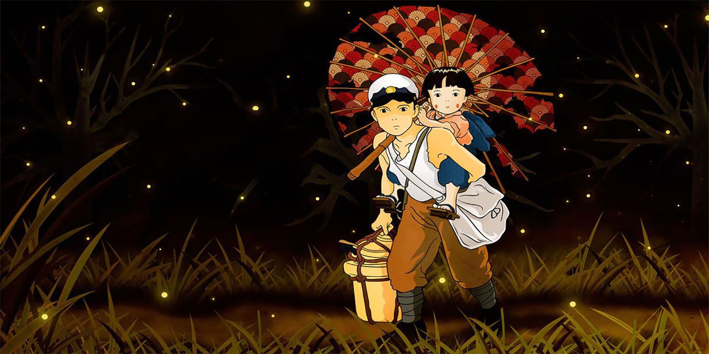 Seira and Setsuko standing in a meadow of fireflies in Grave of the Fireflies.