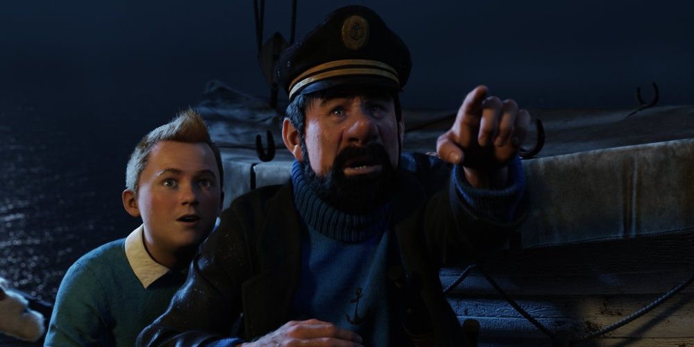 Haddock pointing at something for Tintin to see in The Adventures of Tintin
