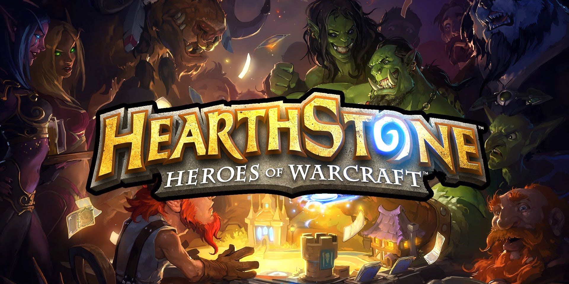 A banner reading &quot;HearthStone - Heroes of Warcraft&quot; over a background of a fantasy tavern