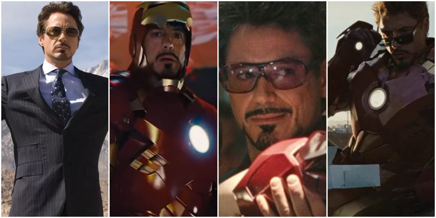a collage of four images of tony stark