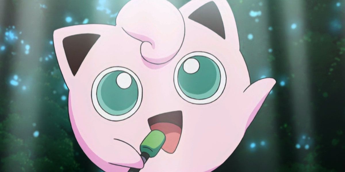 Jigglypuff sings into a mic in Pokemon