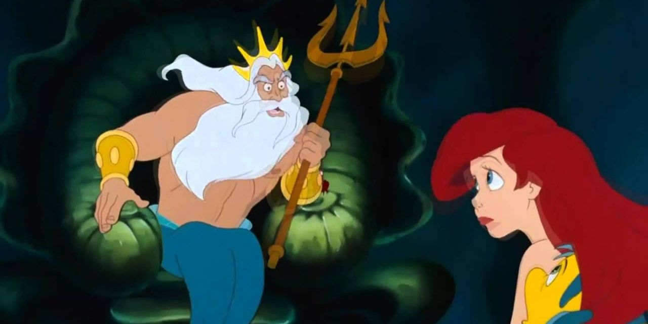 King Triton and Ariel in the animated The Little Mermaid angry at each other.