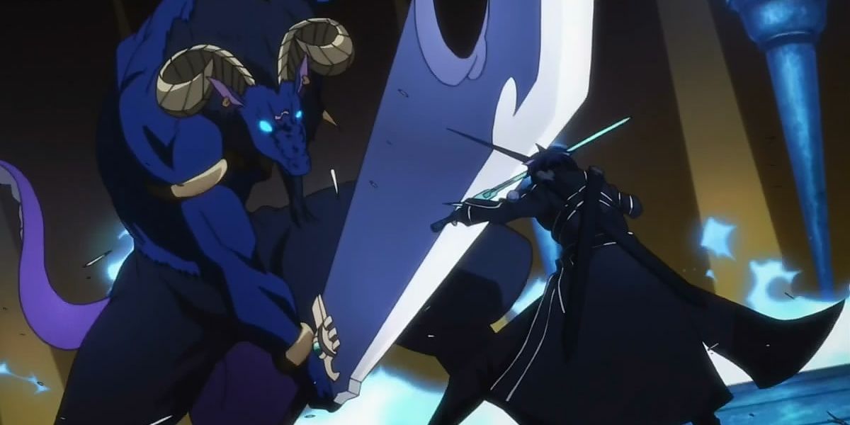 Kirito Blocking A Giant Sword In A Boss Battle In Sword Art Online Anime