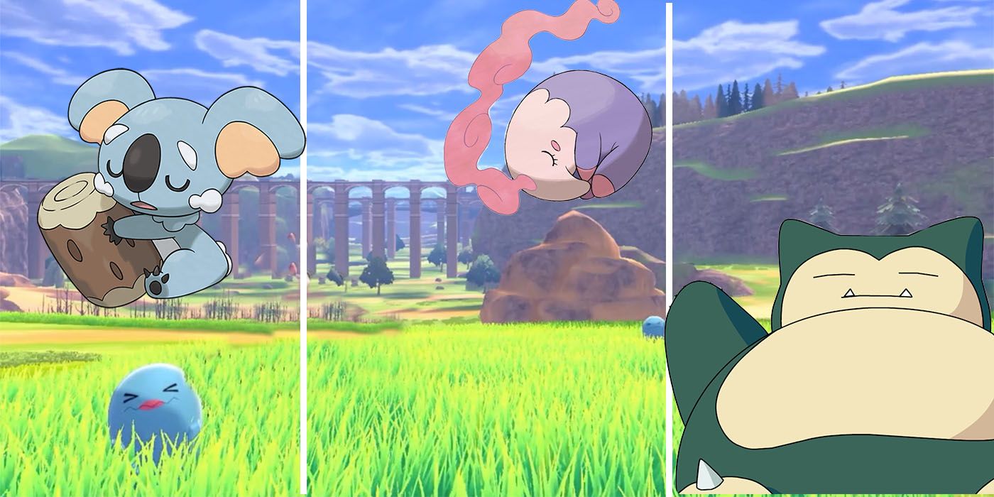 Komala, musharna, snorlax, and wynaut in a field in pokemon