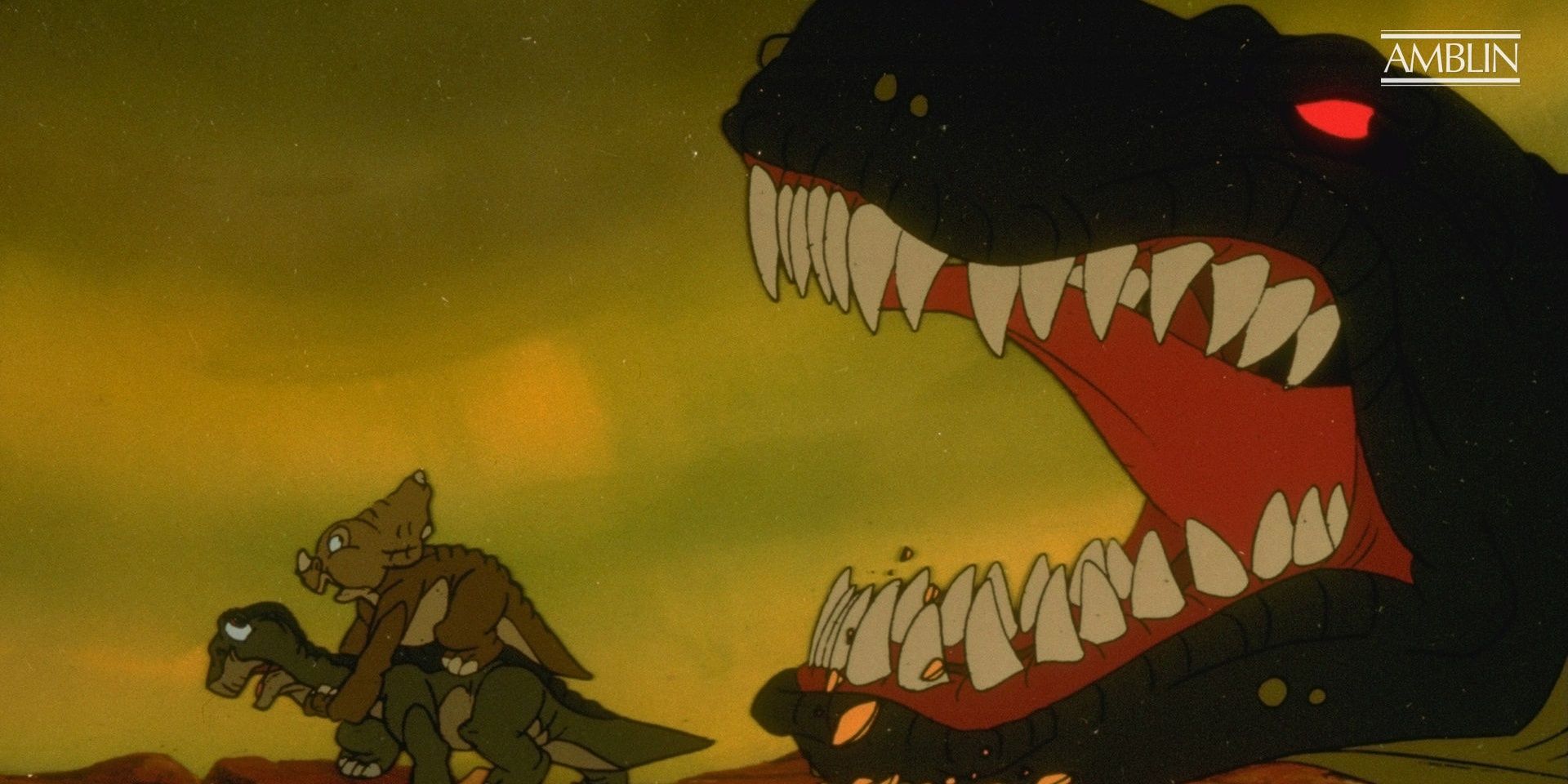 Littlefoot and Cera being chased by the T-Rex in The Land Before Time