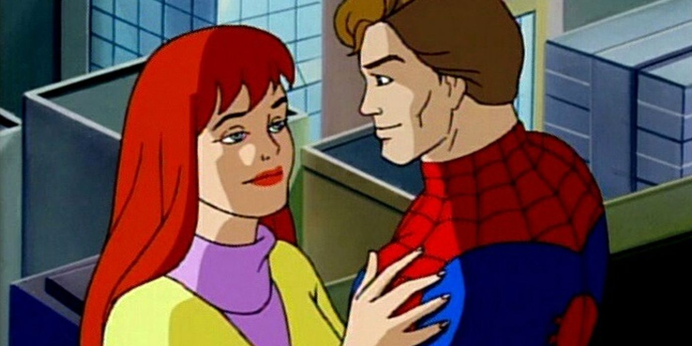 An image of Mary Jane talking to Peter Paker while he's in his Spider-Man suit