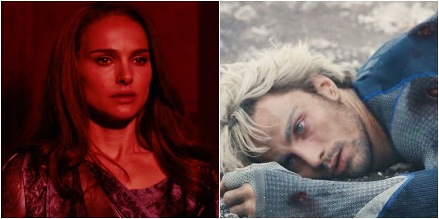 a photo collage of jane foster possessed by the aether and quicksilver dead on the ground