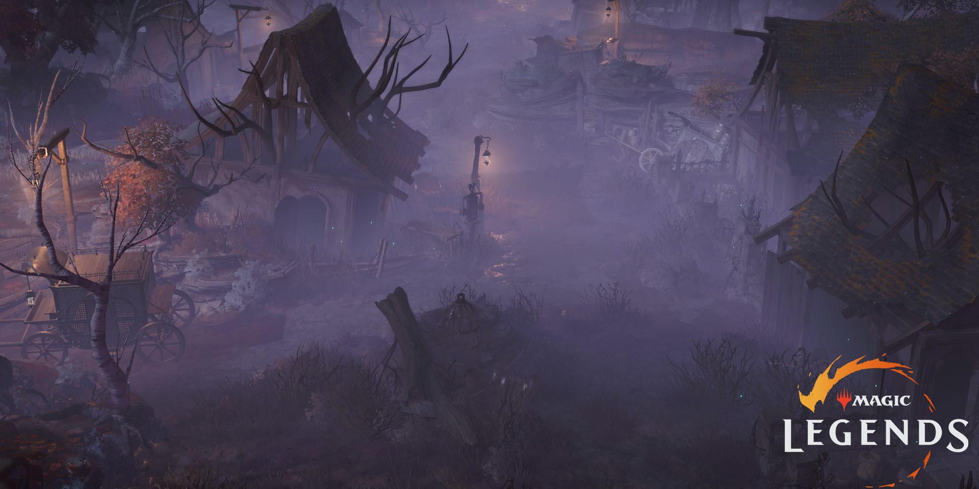 A village shrouded with purplish mist
