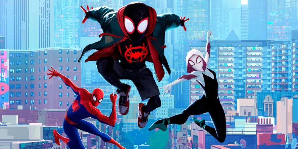 Miles, Peter, and Gwen in action in Spider-Man. Into the Spider-Verse Cropped
