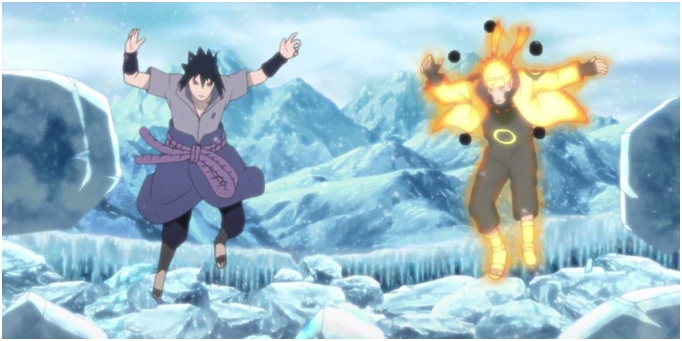 Naruto and Sasuke fighting each other.