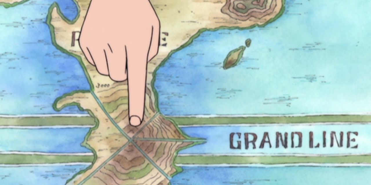 A finger pointing to the Grand Line on a map in One Piece.