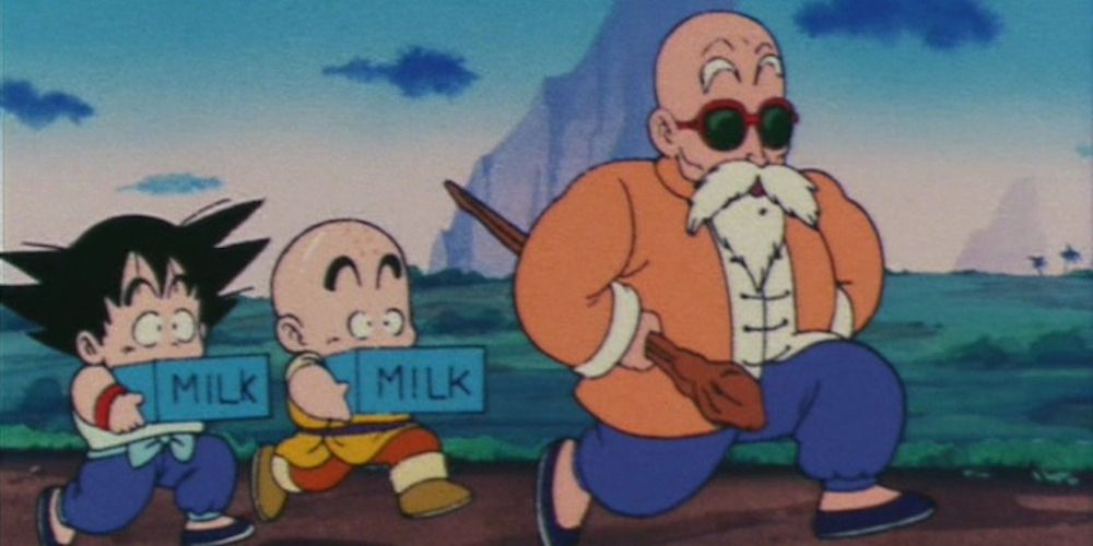 A young Goku and Krillin carry milk during training with Roshi in Dragon Ball