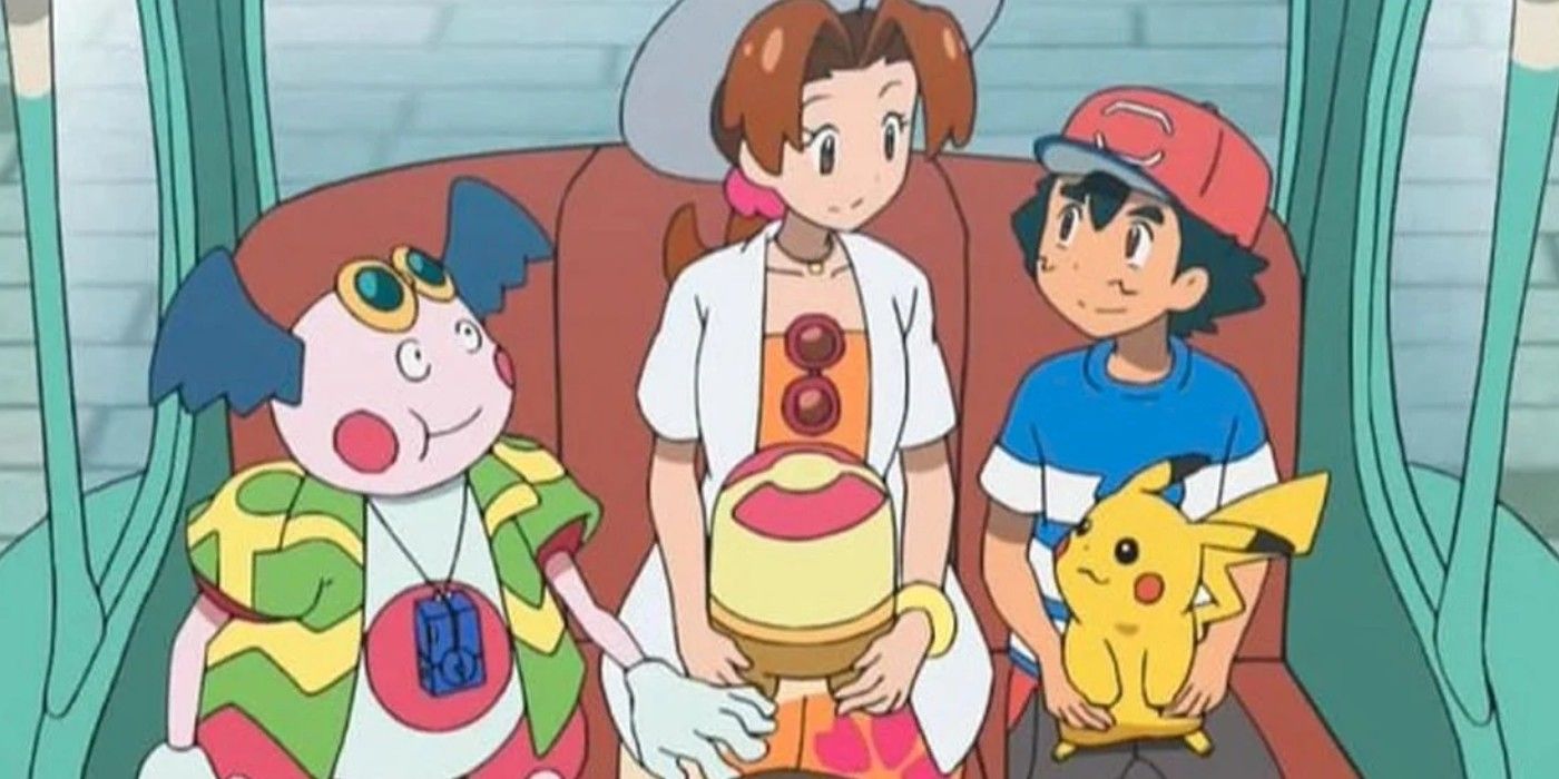 Ash, Pikachu, Delia and Mimey traveling together in the Pokemon anime