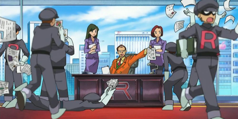 Team Rocket grunts scramble around Giovanni in his office in Pokemon anime