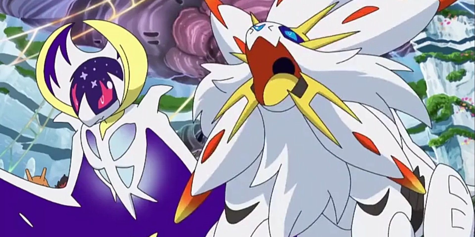 The Legendary Pokemon Lunala and Solgaleo from Pokemon anime.