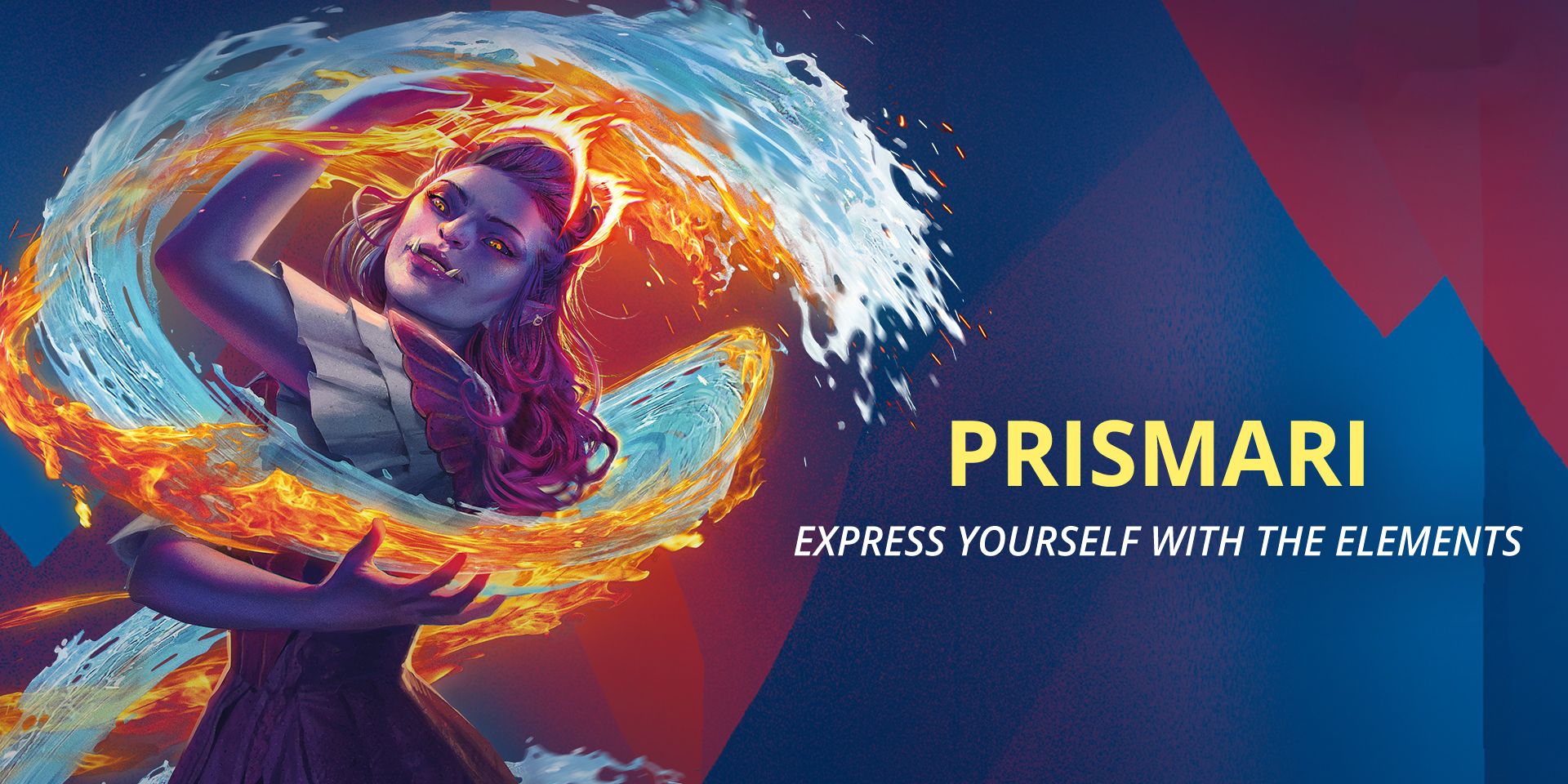 An Azra elementalist wielding twin coils of fire and water, along with text saying &quot;PRISMARI - express yourself with the elements.&quot;