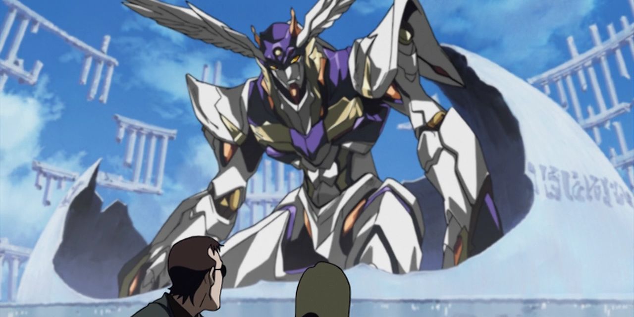 Characters stare at RahXephon mecha in awe in RahXephon.