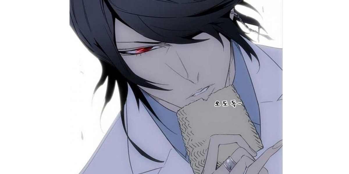Rai eating an uncooked brick of ramen in Noblesse.