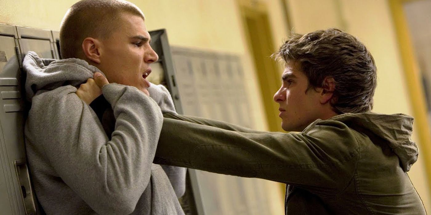 Peter Parker putting Flash Thompson on a locker in The Amazing Spider-Man.