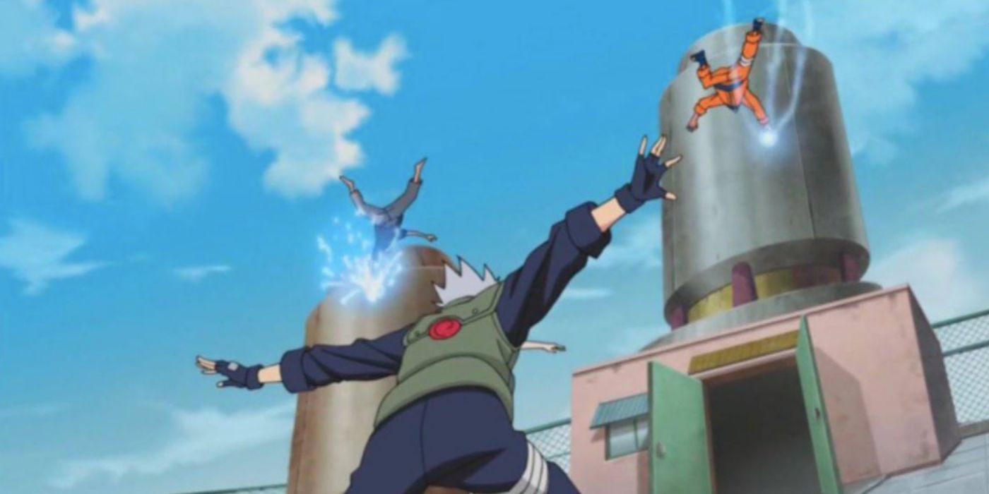 Kakashi breaks up a fight between Sasuke and Naruto in Naruto.