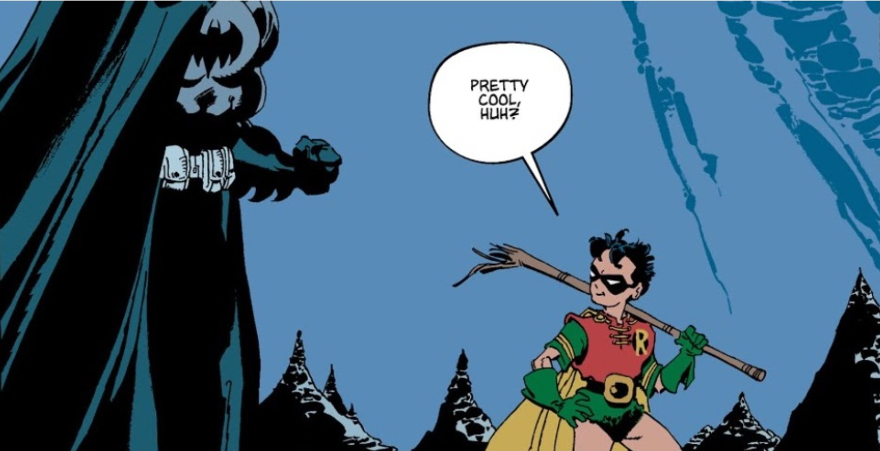Robin talking to Batman with a broken staff, in Dark Victory.