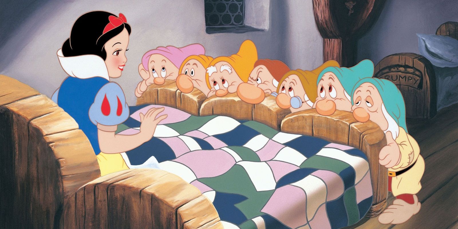 Snow White talking to the Seven Dwarfs in Snow White and the Seven Dwarfs Cropped
