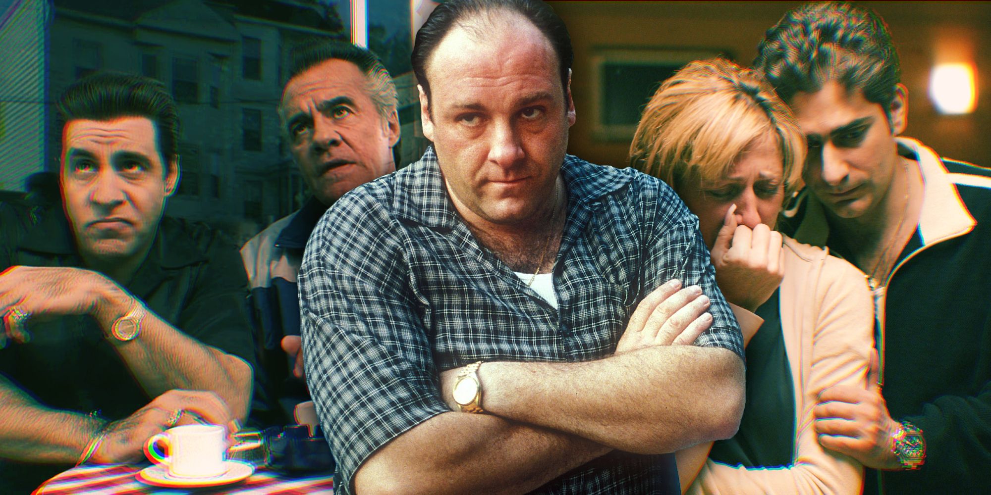 Three-way split image of Silvio and Pauley, Carmella and Christopher with Tony Soprano in the front