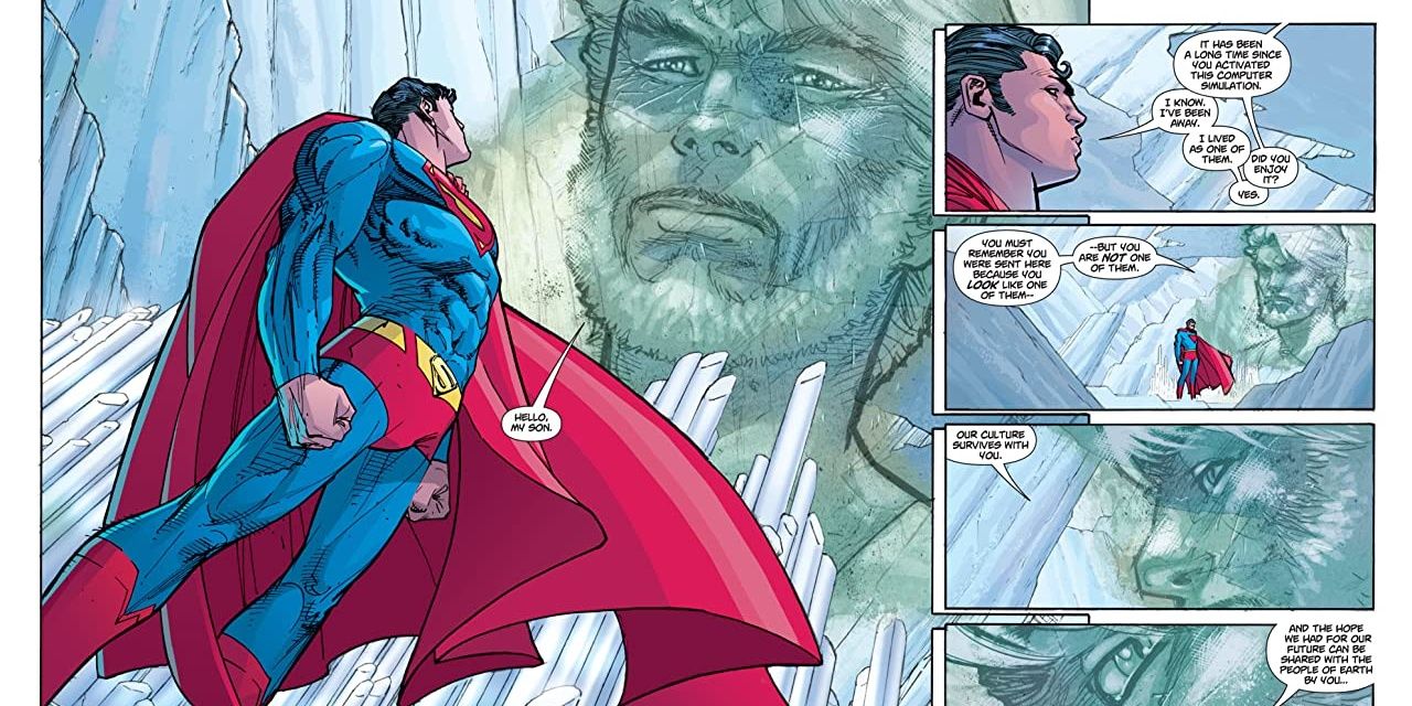 Superman speaking with a hologram in the Fortress of Solitude in Last Son Of Krypton