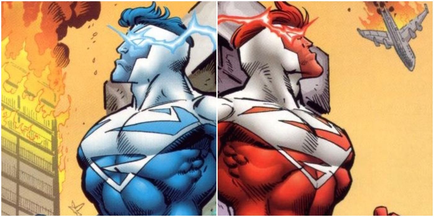 Superman Red and Superman Blue back to back in DC Comics