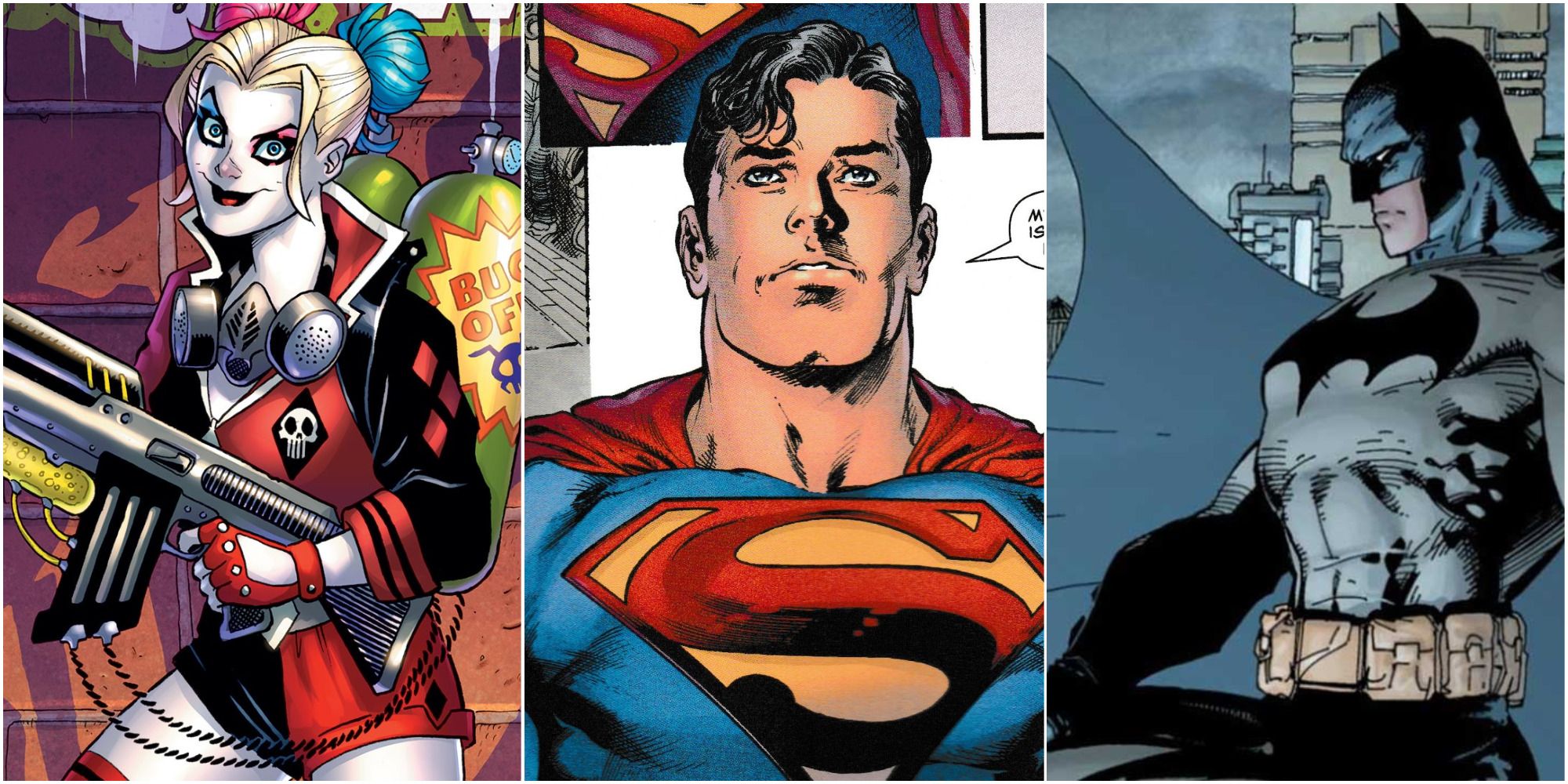Harley Quinn, Superman, and Batman