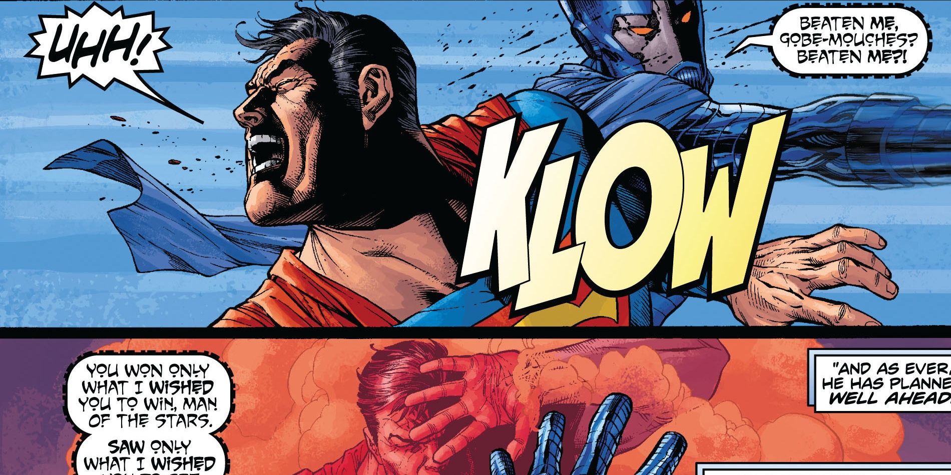 An image of comic art depicting Superman battling Khyber