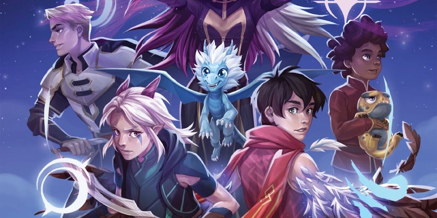Cover art for the Tales of Xadia roleplaying game, featuring Soren, Bait, Rayla, Callum, Ezra and Zym