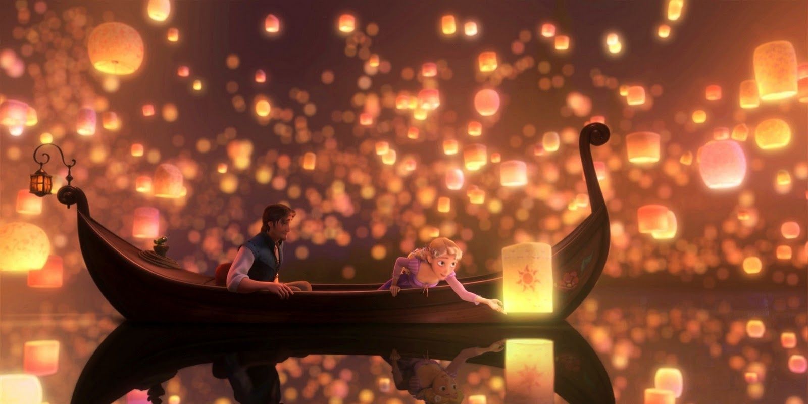 rapunzel and flynn in the boat amongst the lanterns in tangled